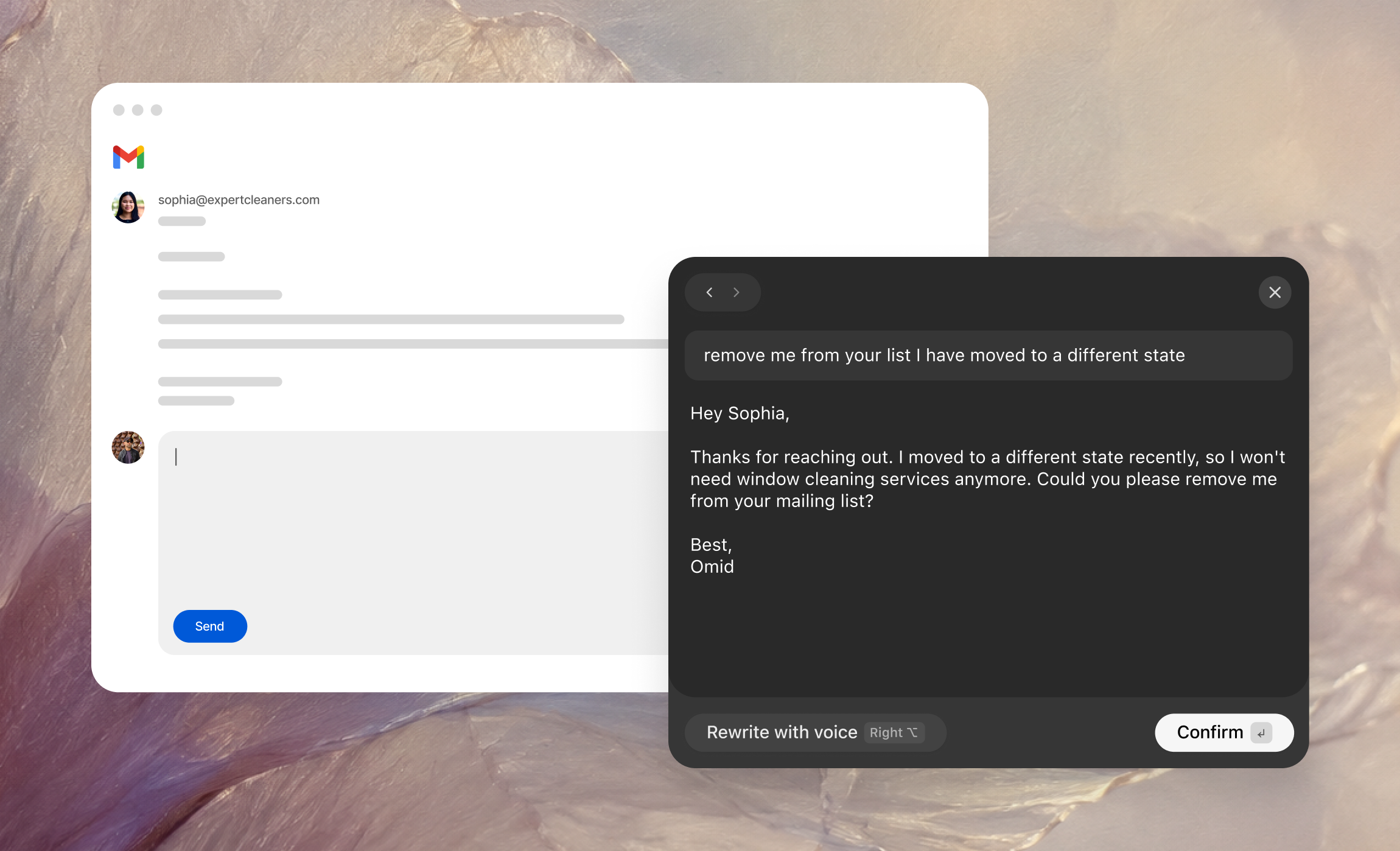 Prelto rewriting a Gmail reply from a short voice instruction